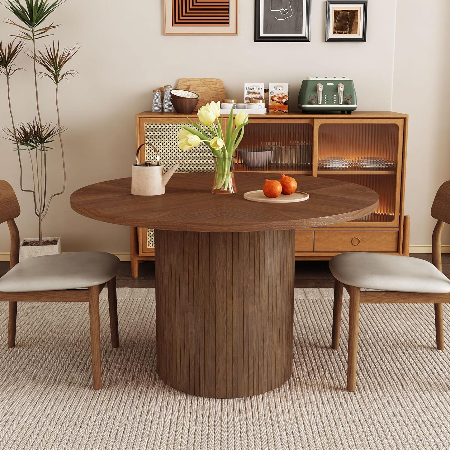 Round Dining Table for 4, Modern Farmhouse Kitchen Table, 47 Inch Small Circle Dining Tables with Wood Strip Base for Kitchen Living Room (Walnut)-0