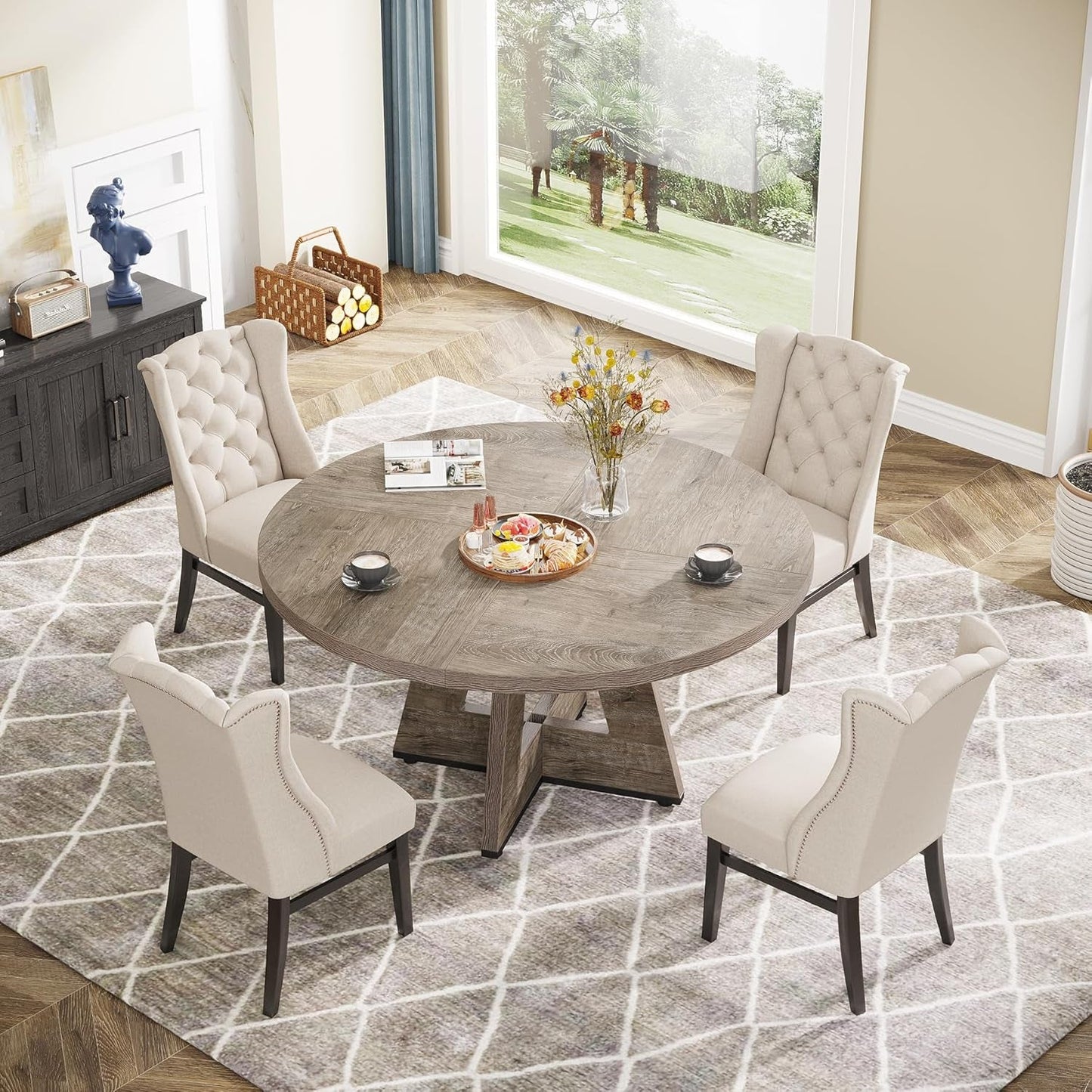 Farmhouse Dining Table, 47 Inch round Dinner Table for 4, Rustic round Dining Room Table for Home Dining Room Living Room (Grey)-4