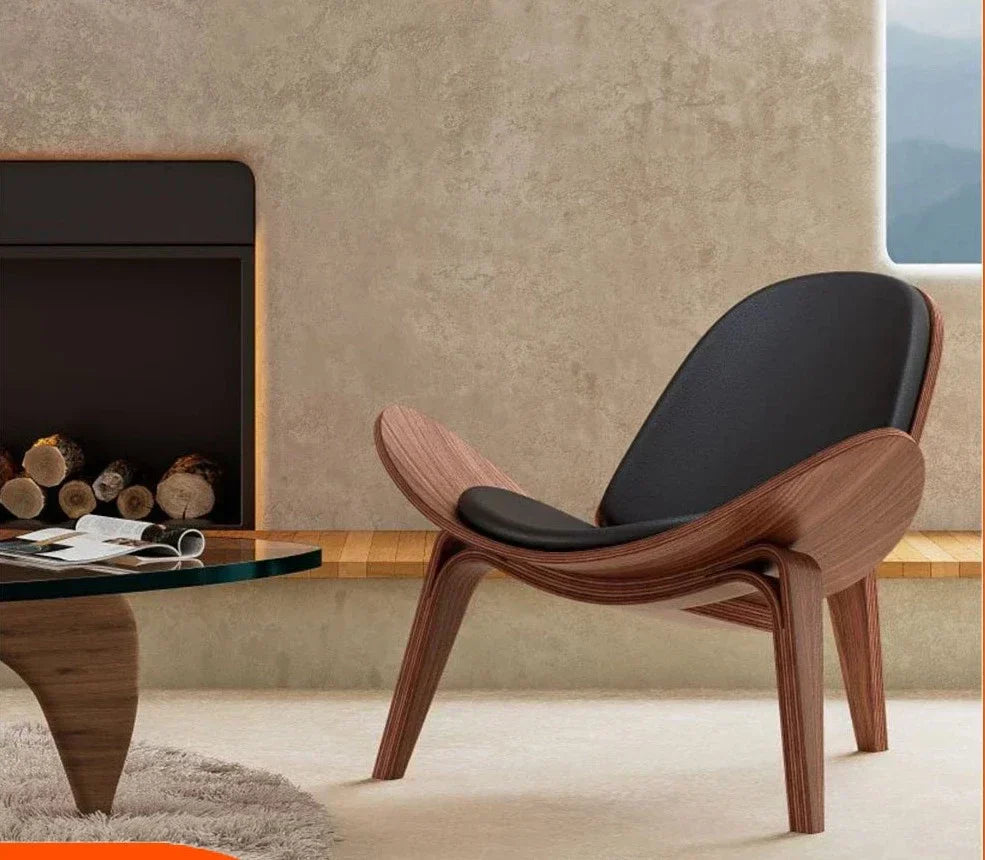 Shell Lounge Chair Tripod Wood with Black PU Leather Chairs-0