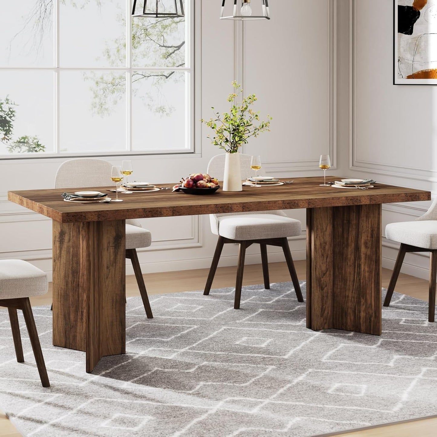63-Inch Dining Table for 4-6, Farmhouse Kitchen Table with Large Tabletop, Rectangular Dinner Eating Table for Dining Room, Living Room, Kitchen, Dark Brown-3