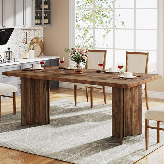 63-Inch Dining Table for 4-6, Farmhouse Kitchen Table with Large Tabletop, Rectangular Dinner Eating Table for Dining Room, Living Room, Kitchen, Dark Brown-0