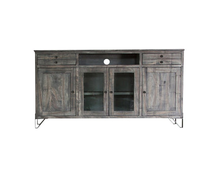 70" Gray Solid Wood Cabinet Enclosed Storage Distressed TV Stand-1