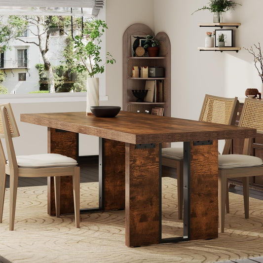 71" Large Dining Table, Rustic Farmhouse Dinner Table for 6 to 8 People, Rectangular Thick Kitchen Table with Heavy Duty Legs for Dining Room (Rustic)-0